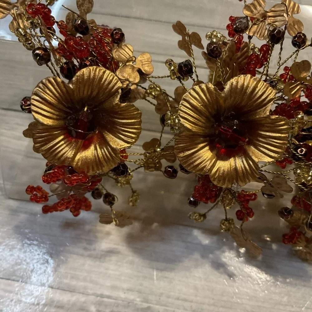 Pier 1 Gold Red Floral napkin rings kitchen decor set 4